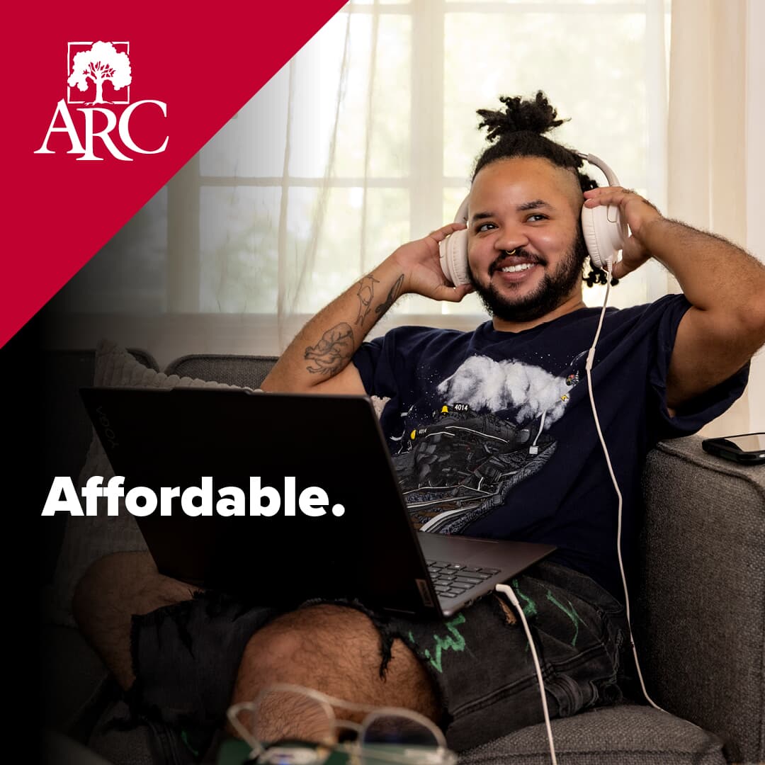 Text over photo of smiling man sitting on a couch with headphones and a laptop computer that says Affordable next to ARC logo