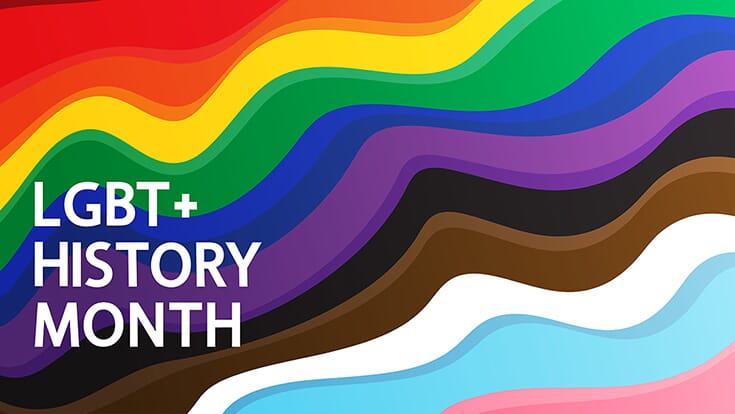LGBT+ History Month on a wavy rainbow background