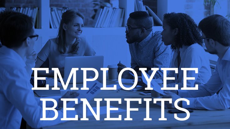 A group of people having a discussion with the words Employee Benefits
