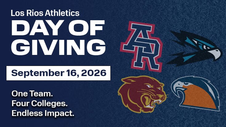 Los Rios Athletics Day of Giving, September 16, 2026. One Team. Four Colleges. Endless Impact. ARC, CRC, FLC, and SCC athletic logos on a blue turf background.